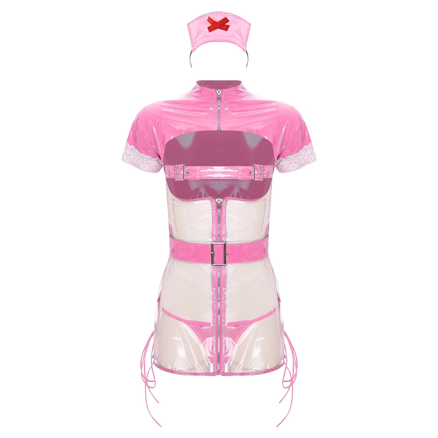 Womens Sexy Lingerie Nurse Cosplay Uniform Mini Dress Suit Transparent PVC Leather Hollow Out Babydoll Teddy Porn Erotic Costume