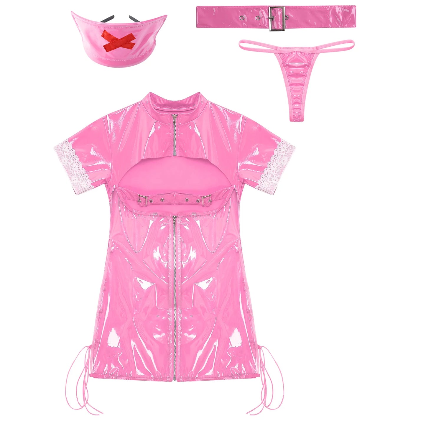 Womens Sexy Lingerie Nurse Cosplay Uniform Mini Dress Suit Transparent PVC Leather Hollow Out Babydoll Teddy Porn Erotic Costume