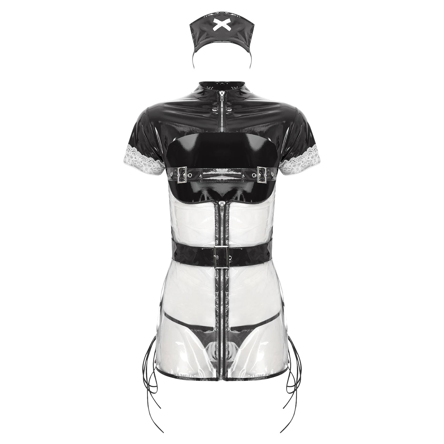 Womens Sexy Lingerie Nurse Cosplay Uniform Mini Dress Suit Transparent PVC Leather Hollow Out Babydoll Teddy Porn Erotic Costume