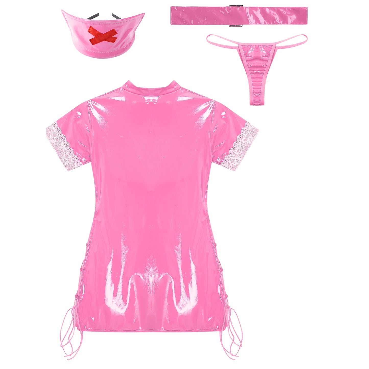 Womens Sexy Lingerie Nurse Cosplay Uniform Mini Dress Suit Transparent PVC Leather Hollow Out Babydoll Teddy Porn Erotic Costume