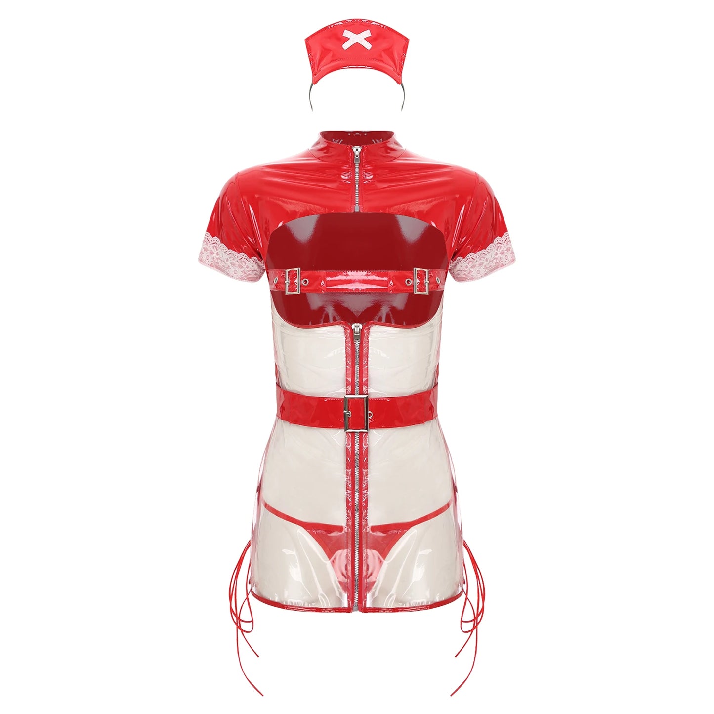 Womens Sexy Lingerie Nurse Cosplay Uniform Mini Dress Suit Transparent PVC Leather Hollow Out Babydoll Teddy Porn Erotic Costume