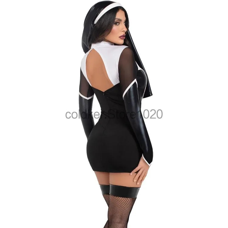 Costume de nonne sexy en cuir PU noir pour femme, tenue de cosplay ajourée avec hauts et jupes, tenue de carnaval, de fête