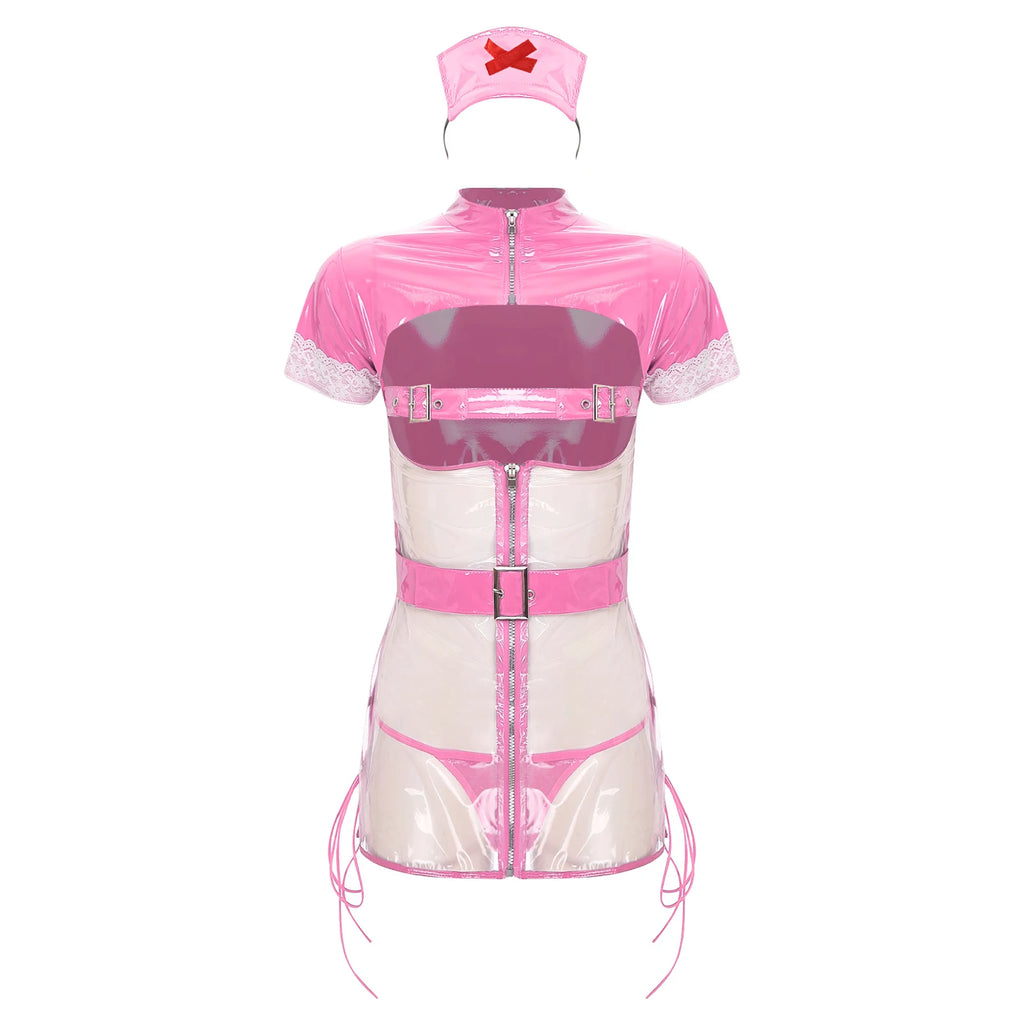 Womens Sexy Lingerie Nurse Cosplay Uniform Mini Dress Suit Transparent PVC Leather Hollow Out Babydoll Teddy Porn Erotic Costume