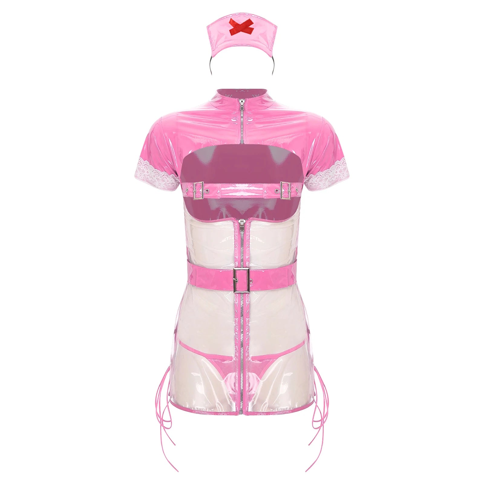 Womens Sexy Lingerie Nurse Cosplay Uniform Mini Dress Suit Transparent PVC Leather Hollow Out Babydoll Teddy Porn Erotic Costume