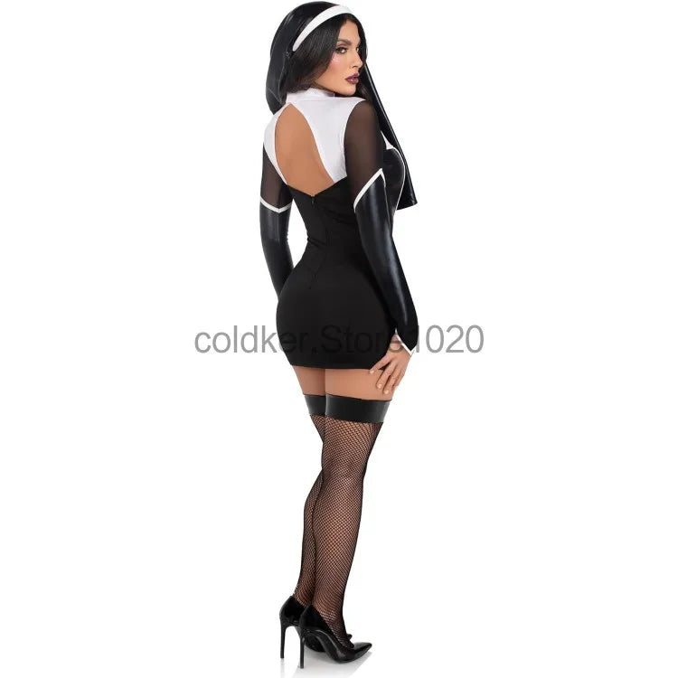 Costume de nonne sexy en cuir PU noir pour femme, tenue de cosplay ajourée avec hauts et jupes, tenue de carnaval, de fête