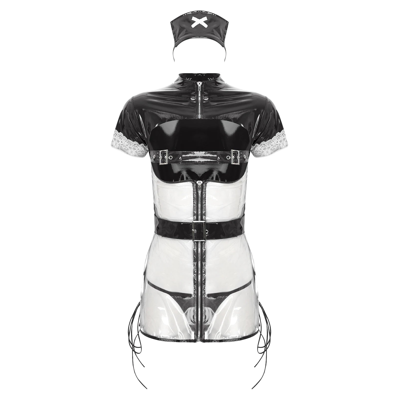 Womens Sexy Lingerie Nurse Cosplay Uniform Mini Dress Suit Transparent PVC Leather Hollow Out Babydoll Teddy Porn Erotic Costume