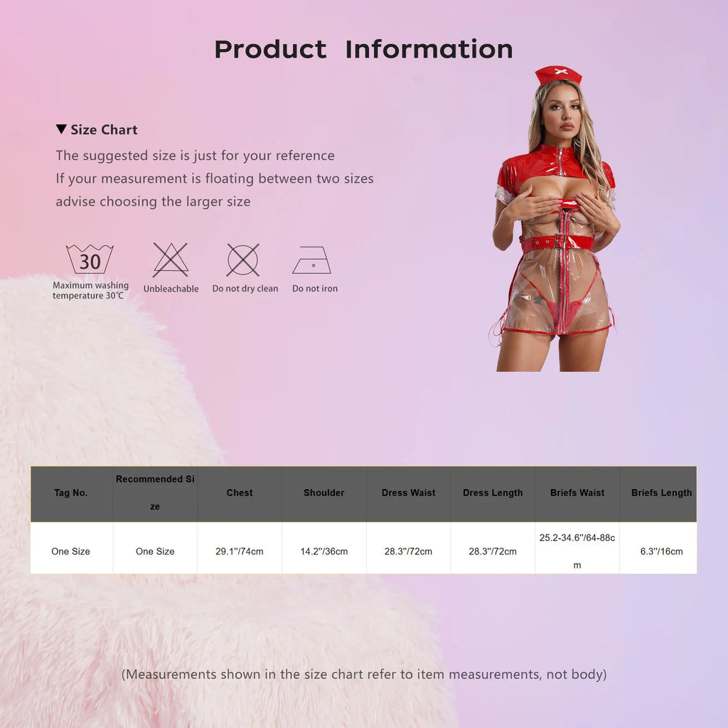 Womens Sexy Lingerie Nurse Cosplay Uniform Mini Dress Suit Transparent PVC Leather Hollow Out Babydoll Teddy Porn Erotic Costume