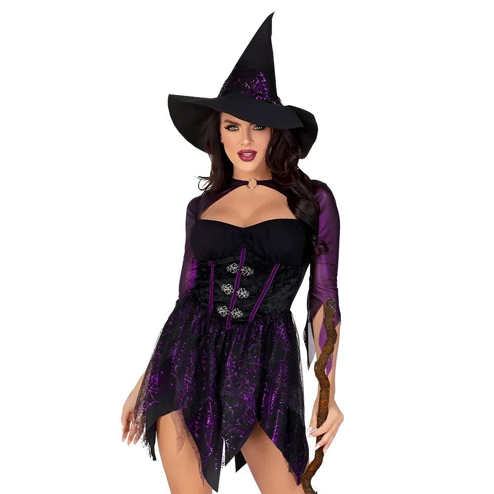 Sexy Witch Cosplay Costumes for Women Halloween Party Role Playing Dress Hat Outfits Adults Performese Clothes
