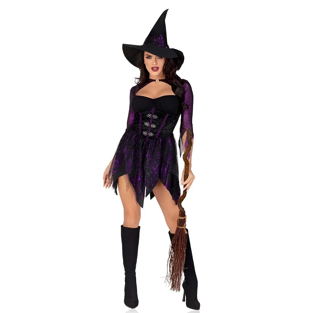 Sexy Witch Cosplay Costumes for Women Halloween Party Role Playing Dress Hat Outfits Adults Performese Clothes
