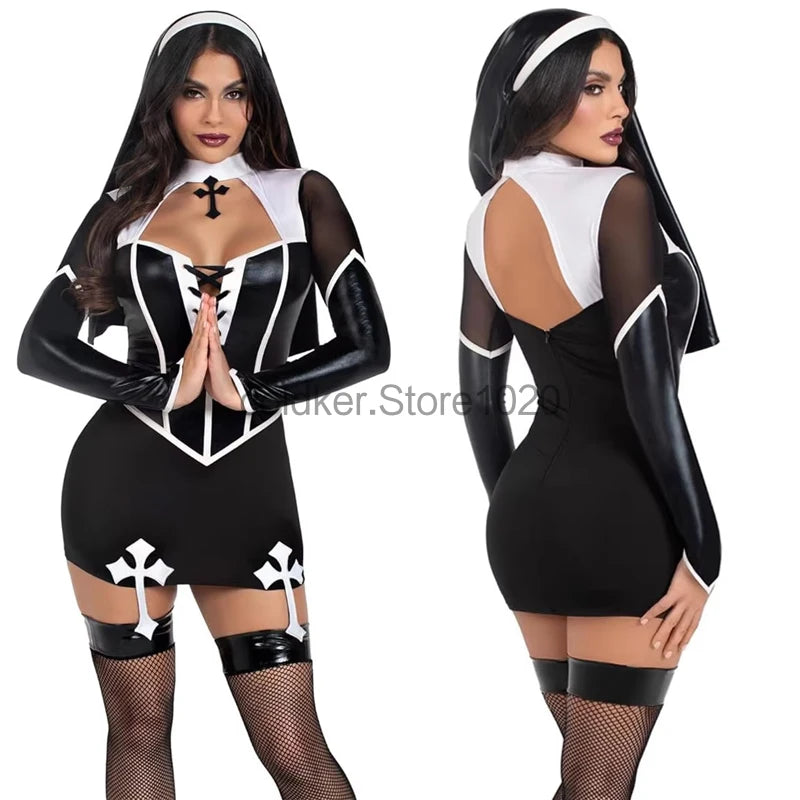 Costume de nonne sexy en cuir PU noir pour femme, tenue de cosplay ajourée avec hauts et jupes, tenue de carnaval, de fête