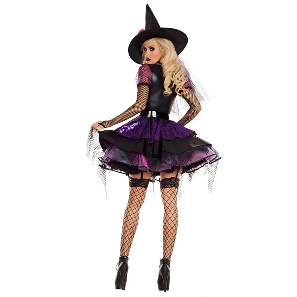 Costume de sorcière violette sexy pour femme, tenue de carnaval, déguisement de cosplay avec chapeau, pour Halloween