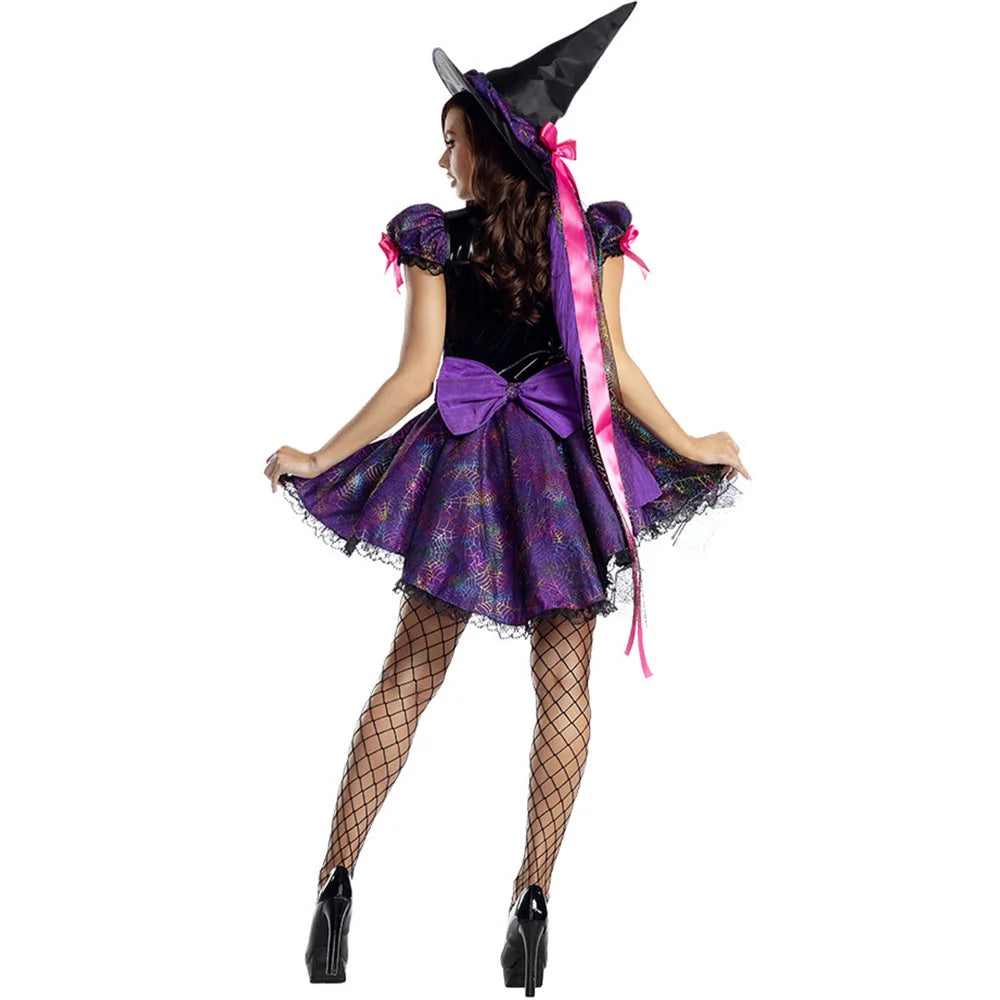 Costume de sorcière violette sexy pour femme, tenue de carnaval, déguisement de cosplay avec chapeau, pour Halloween