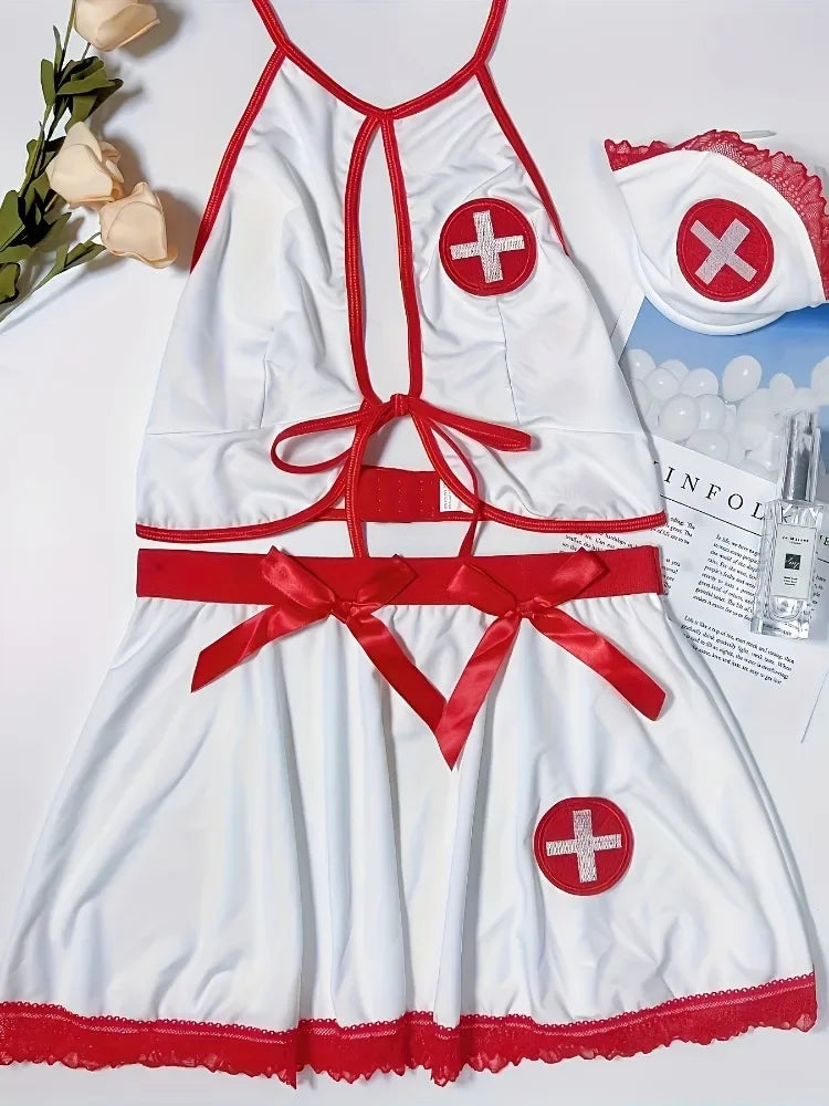 Naughty Nurse Uniform Costume Exotic Halter Cami Top & Bow Skirt & Thongs & Headwear Women Sexy Cosplay Lingerie Underwear