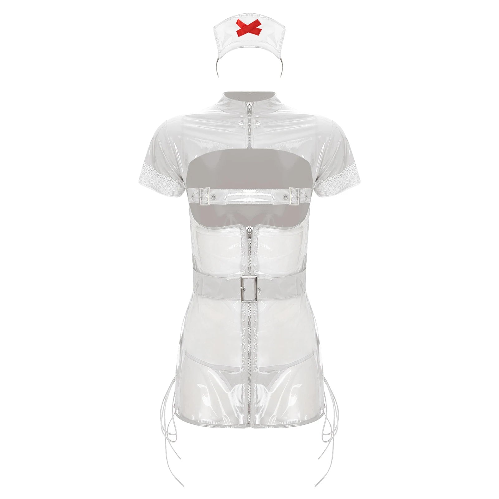 Womens Sexy Lingerie Nurse Cosplay Uniform Mini Dress Suit Transparent PVC Leather Hollow Out Babydoll Teddy Porn Erotic Costume