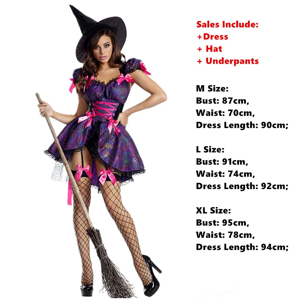 Costume de sorcière violette sexy pour femme, tenue de carnaval, déguisement de cosplay avec chapeau, pour Halloween