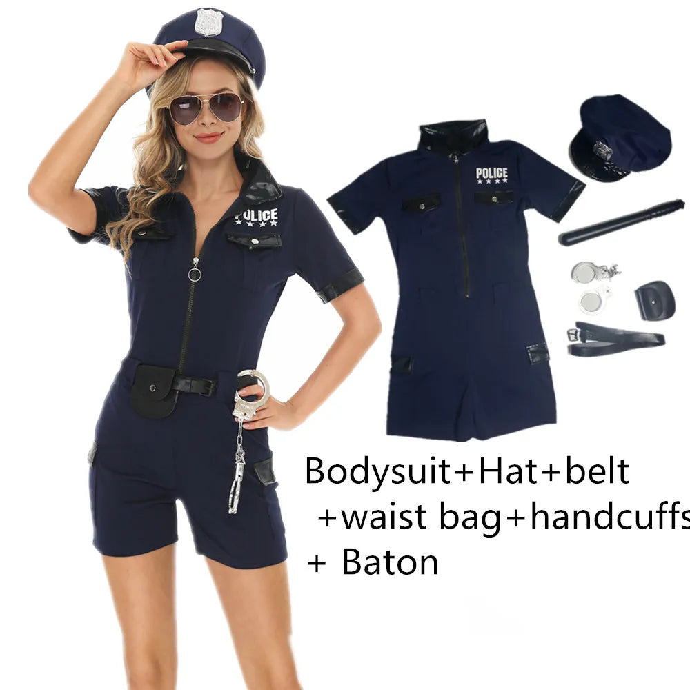 Costume de policière sexy pour adulte, tenue de policier avec accessoires, déguisement de carnaval, combinaison de fête