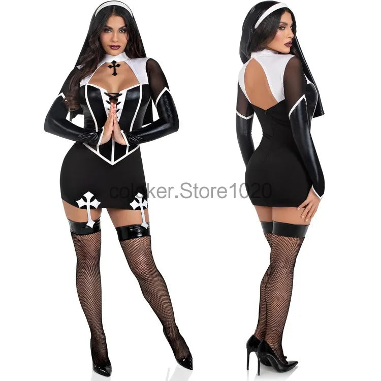 Costume de nonne sexy en cuir PU noir pour femme, tenue de cosplay ajourée avec hauts et jupes, tenue de carnaval, de fête