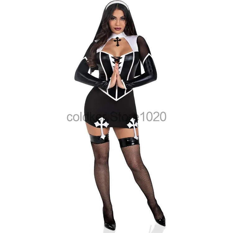 Costume de nonne sexy en cuir PU noir pour femme, tenue de cosplay ajourée avec hauts et jupes, tenue de carnaval, de fête