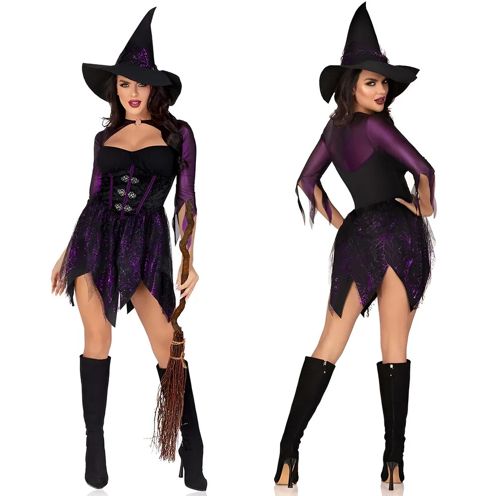 Sexy Witch Cosplay Costumes for Women Halloween Party Role Playing Dress Hat Outfits Adults Performese Clothes