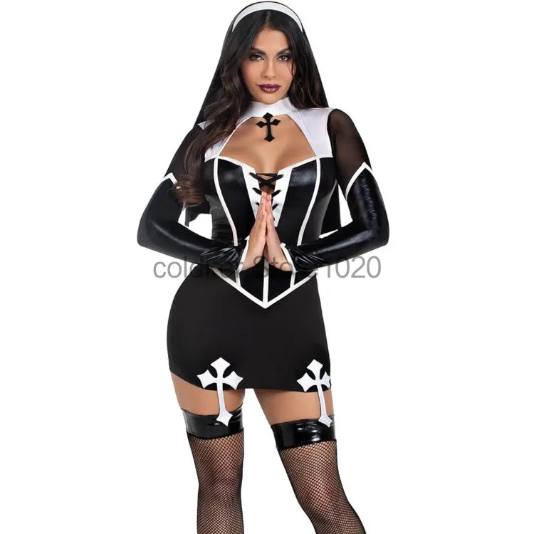 Costume de nonne sexy en cuir PU noir pour femme, tenue de cosplay ajourée avec hauts et jupes, tenue de carnaval, de fête