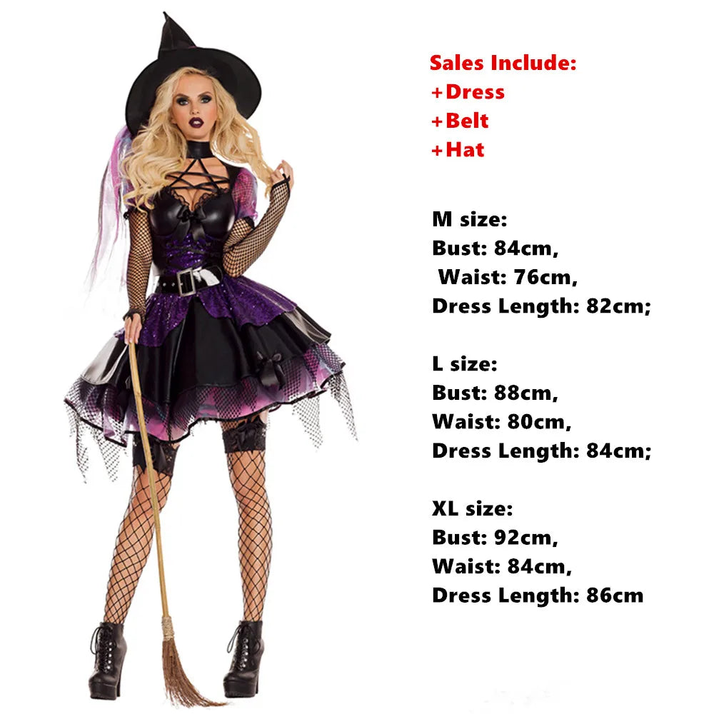 Costume de sorcière violette sexy pour femme, tenue de carnaval, déguisement de cosplay avec chapeau, pour Halloween